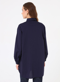 Poplin Stoff Detail Tasche Lang Basic Bluse Hemd Marineblau