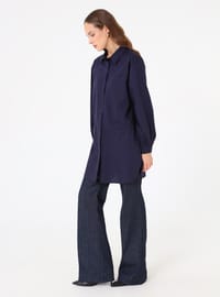 Poplin Stoff Detail Tasche Lang Basic Bluse Hemd Marineblau