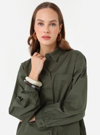 Poplin Stoff Detail Tasche Lang Basic Bluse Hemd Khaki