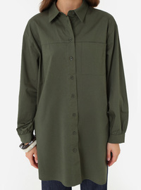 Poplin Stoff Detail Tasche Lang Basic Bluse Hemd Khaki