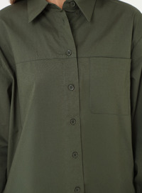Poplin Stoff Detail Tasche Lang Basic Bluse Hemd Khaki