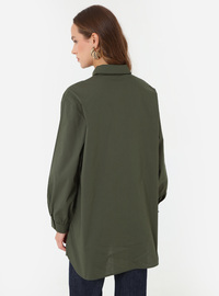 Poplin Stoff Detail Tasche Lang Basic Bluse Hemd Khaki