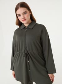 Toucher Doux Fermeture Éclair Cordon Taille Détail Tunique Pantalon Grande Taille Ensemble Kaki