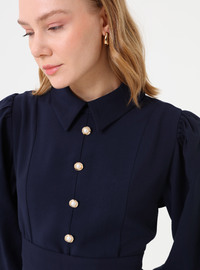 Gold Knopf Detail Ballonärmel Gürten Tesettür Kleid Marineblau