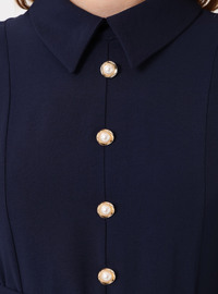 Gold Knopf Detail Ballonärmel Gürten Tesettür Kleid Marineblau
