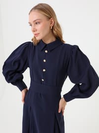 Gold Knopf Detail Ballonärmel Gürten Tesettür Kleid Marineblau