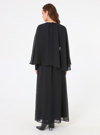 Chiffon-Kleid mit Cape-Ärmel - Schwarz