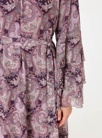 Paisley Muster Chiffon Stoff Tesettür Kleid Lila Refka