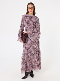 Paisley Muster Chiffon Stoff Tesettür Kleid Lila Refka