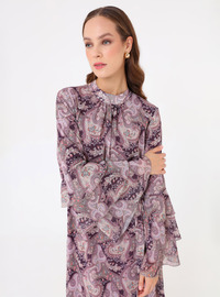 Paisley Muster Chiffon Stoff Tesettür Kleid Lila Refka