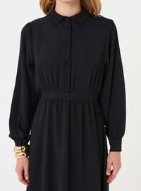 Gathered Button Modest Dress Black