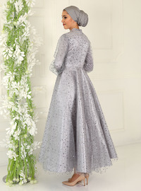 Robe de soirée midi en dentelle à paillettes grise