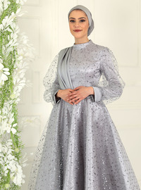 Robe de soirée midi en dentelle à paillettes grise