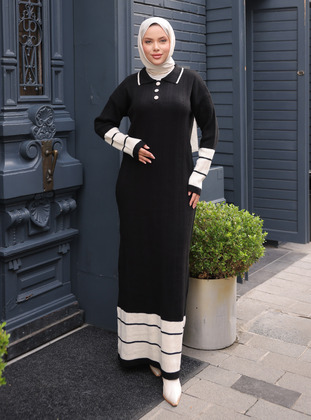 Black - Unlined - Button Collar - Knit Dresses - SAHRA BUTİK