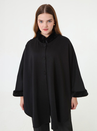 Poncho Cape mit Fellbesatz - Schwarz