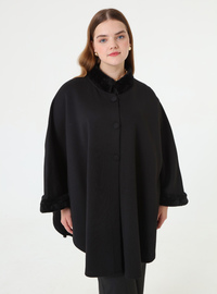 Poncho Cape mit Fellbesatz - Schwarz