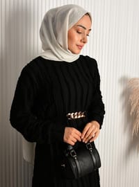 Fitilli Kumaş Elbise - Siyah