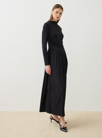 Sandy Fabric Ruched Detail Modest Dress Black Refka