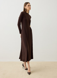 Sandy Fabric Drape Detailed Buckled Modest Dress Dark Coffee Refka
