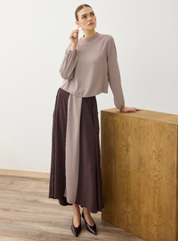 Contrast Detail Blouse Skirt Set - Beige Brown