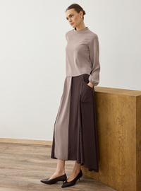 Contrast Detail Blouse Skirt Set - Beige Brown