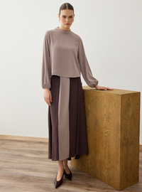 Contrast Detail Blouse Skirt Set - Beige Brown