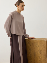 Contrast Detail Blouse Skirt Set - Beige Brown