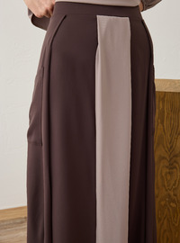 Contrast Detail Blouse Skirt Set - Beige Brown
