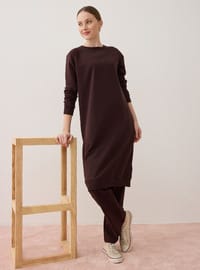 Ensemble De Survêtement Long Deux Pièces Col Rond Basique Manches Raglan Marron