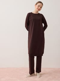 Ensemble De Survêtement Long Deux Pièces Col Rond Basique Manches Raglan Marron