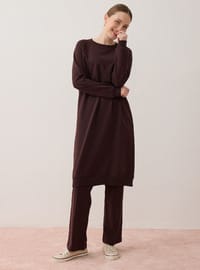 Ensemble De Survêtement Long Deux Pièces Col Rond Basique Manches Raglan Marron