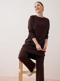 Ensemble De Survêtement Long Deux Pièces Col Rond Basique Manches Raglan Marron