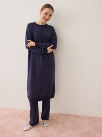 Ensemble De Sport Long Deux Pièces Col Rond Manches Raglan Marine