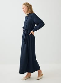 Robe Modeste Col Chemise Ceinture Détaillée Demi Boutonnée Bleu Marine