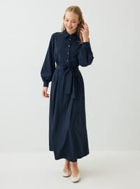 Robe Modeste Col Chemise Ceinture Détaillée Demi Boutonnée Bleu Marine