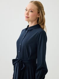 Robe Modeste Col Chemise Ceinture Détaillée Demi Boutonnée Bleu Marine