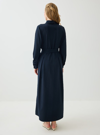 Robe Modeste Col Chemise Ceinture Détaillée Demi Boutonnée Bleu Marine
