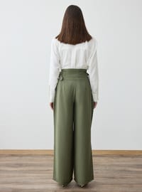 Metal Buckle Detail Wide Leg Modal Trousers Haki Refka