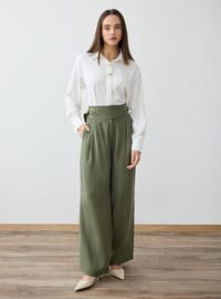 Metal Buckle Detail Wide Leg Modal Trousers Haki Refka