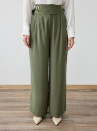 Metal Buckle Detail Wide Leg Modal Trousers Haki Refka