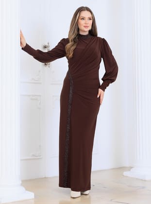Brown - Fully Lined - Crew neck - Modest Evening Dress - Elben Moda