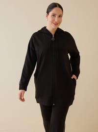 Plus Size Sweatshirt Pants Set with Piping Detail Hooded Black