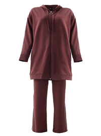 Plus Size Sweatshirt Pants Set with Piping Detail Hooded Red Brown