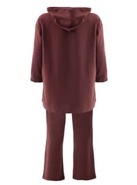 Plus Size Sweatshirt Pants Set with Piping Detail Hooded Red Brown