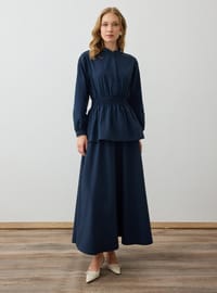 Popeline Tissu Ceinture Froncée Tunique Jupe Ensemble Bleu Marine Refka
