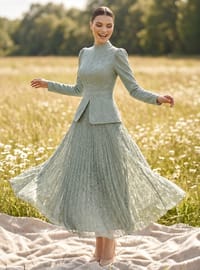Robe Soirée Dentelle Détail Sequins Menthe Verte