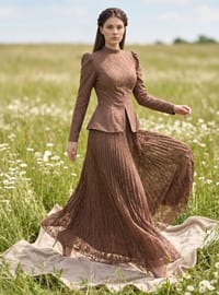 Robe de Soirée Dentelle Perles Détail Marron Nurbanu Kural