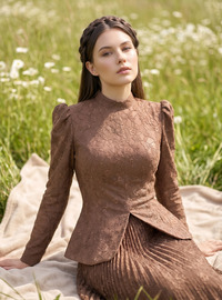 Robe de Soirée Dentelle Perles Détail Marron Nurbanu Kural