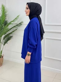 Tesettür Dabıl Kumaş Oversize Takım - Saks Mavisi