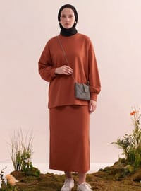 Tesettür Dabıl Kumaş Oversize Takım - Kiremit
